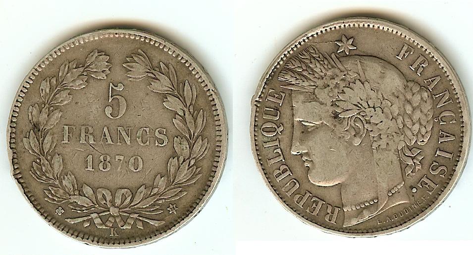 5 Francs Cérès 1870K Bordeaux TB à TB++